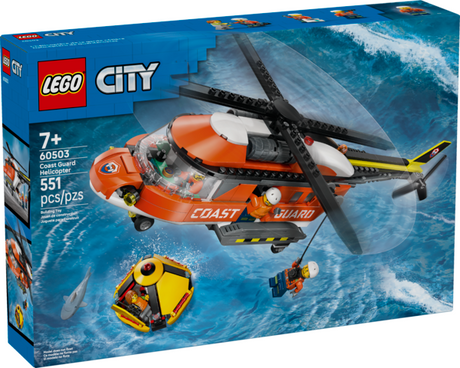 LEGO City sea rescue helicopter with pilot hook lowering rescue capsule and shark in ocean playset box.