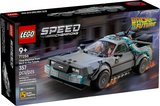 LEGO Speed Champions Back to the Future time machine with Doc Brown and Marty McFly figures in the cockpit detailing lightning effects