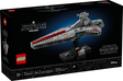 LEGO model of Star Wars Venator-Class Attack Cruiser with stand on black background in product packaging box.