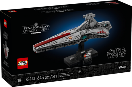 LEGO model of Star Wars Venator-Class Attack Cruiser with stand on black background in product packaging box.