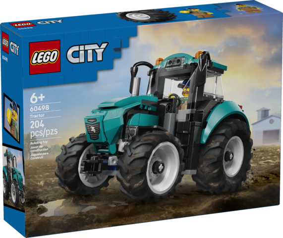 LEGO City tractor building set with large rubber tires and teal color, suitable for children ages six and up