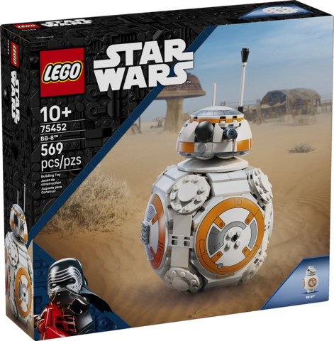 LEGO Star Wars BB-8 astromech droid build set with detailed orange and white design on desert background