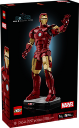 LEGO Marvel Iron Man Mark 3 posable display figure standing 15 inches tall on a black base
