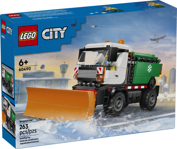 LEGO City model snowplow with front plow, salt spreader, rubber tires, and driver minifigure on snowy road scene