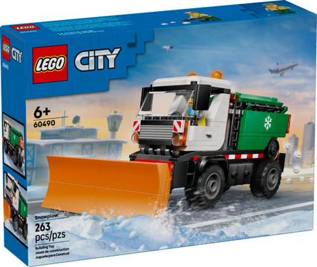 LEGO City model snowplow with front plow, salt spreader, rubber tires, and driver minifigure on snowy road scene