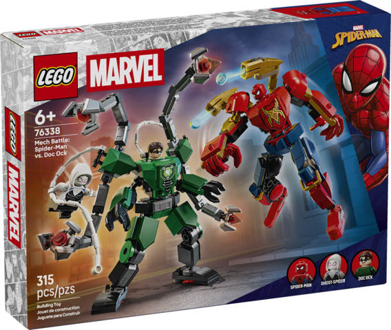 LEGO Marvel Spider-Man and Doc Ock mech battle set with fully jointed action figures and Ghost-Spider figure included