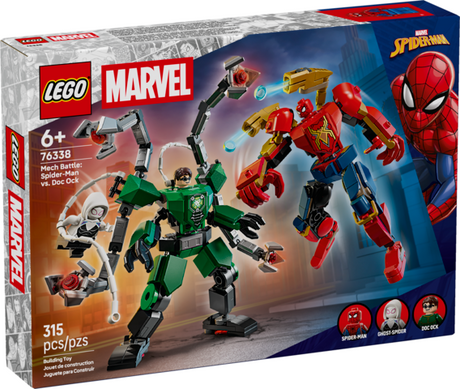 LEGO Marvel Spider-Man and Doc Ock mech battle set with fully jointed action figures and Ghost-Spider figure included
