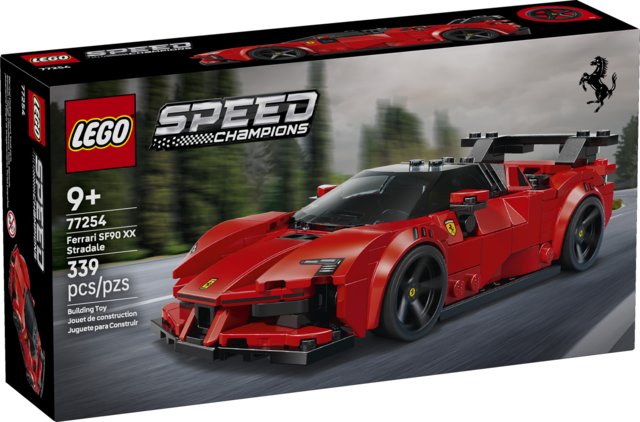 LEGO Speed Champions Ferrari SF90 XX Stradale model car kit with detailed design and 339 pieces for ages 9 and up