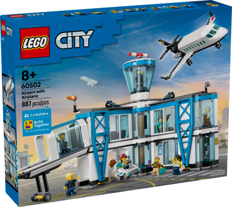 LEGO City toy airport set with airplane, jet bridge, control tower, airport tug, and nine minifigures for play