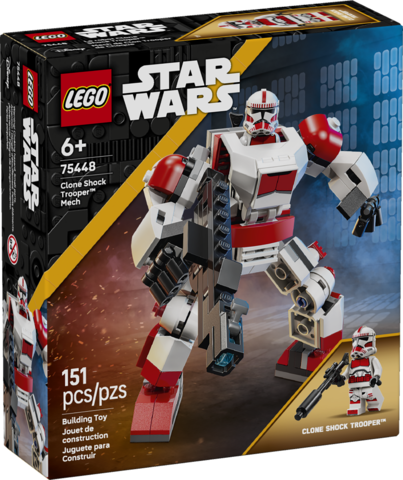 LEGO Star Wars Clone Shock Trooper Mech with poseable arms and legs holding a blaster rifle in a dynamic stance