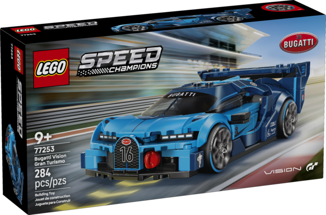 Blue LEGO Speed Champions Bugatti Vision GT race car set with driver minifigure and detailed design elements on packaging
