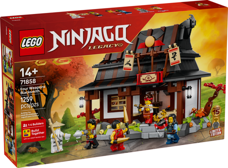 LEGO Ninjago Four Weapons Blacksmith building set box featuring detailed forge and minifigures in action scene