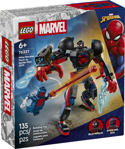 LEGO Marvel building set featuring Miles Morales and Spider-Man 2099 with a mech suit and action accessories