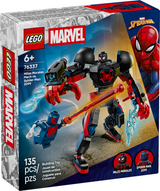 LEGO Marvel building set featuring Miles Morales and Spider-Man 2099 with a mech suit and action accessories