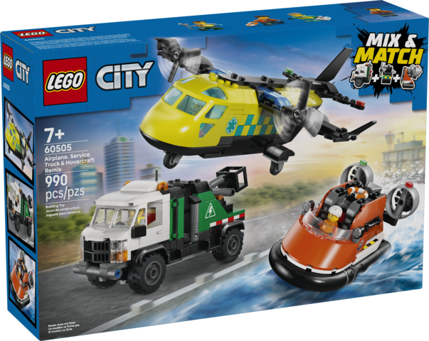 LEGO City set featuring a yellow medical helicopter, green service truck, and orange hovercraft over a city and water background