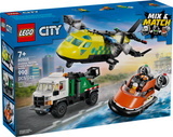 LEGO City set featuring a yellow medical helicopter, green service truck, and orange hovercraft over a city and water background