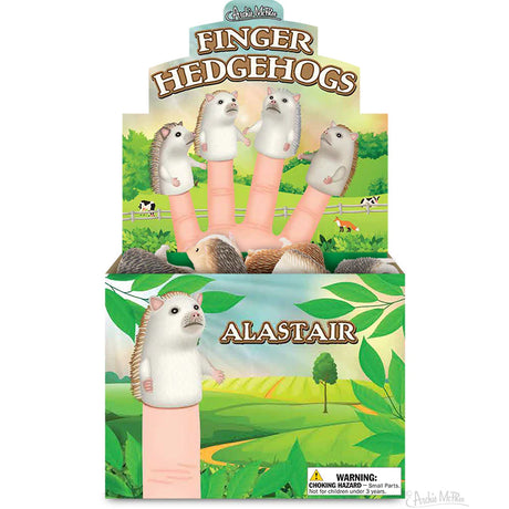 Finger Hedgehog finger puppets in assorted colors on hand, soft vinyl toys for imaginative play in a countryside setting.