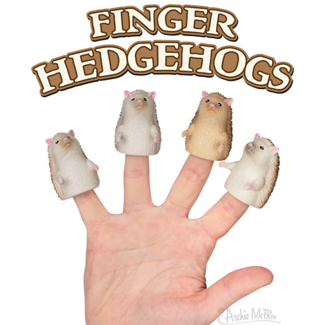 Finger Hedgehog soft vinyl finger puppets in assorted colors on fingers, adorable mini hedgehog toys.