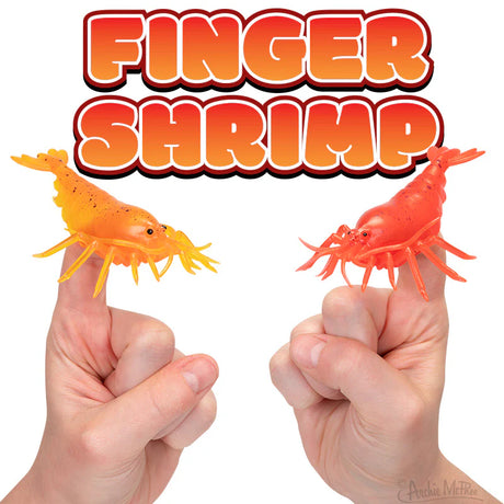 Two hands wearing bright orange and red shrimp finger puppets under bold Finger Shrimp text