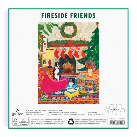 1000pc Fireside Friends Puzzle showing cozy Christmas living room with fireplace, stockings, wreath, and decorated tree.