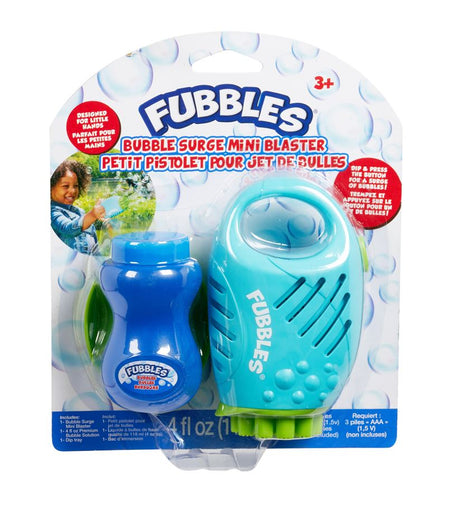 Fubbles Bubble Surge Mini Blaster with dip tray and premium bubble solution for kids ages 3 and up.