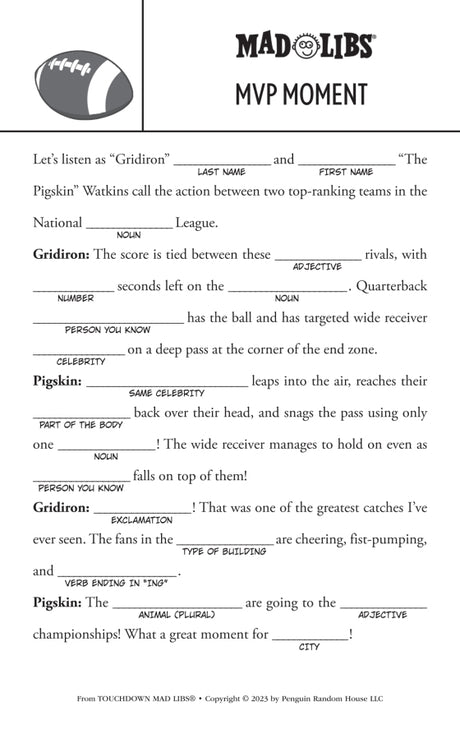 Black and white Mad Libs football-themed fill-in-the-blank game page with a cartoon football icon at top left