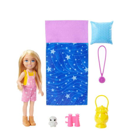 Barbie Chelsea Camping doll with star sleeping bag, pillow, lantern, binoculars, compass, and baby owl toy set.