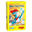 Colorful game box for Pio's Pigeon Post featuring a cheerful pigeon wearing a red cap holding postage cards