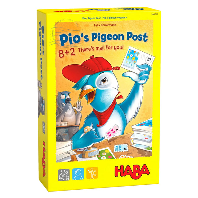 Colorful game box for Pio's Pigeon Post featuring a cheerful pigeon wearing a red cap holding postage cards