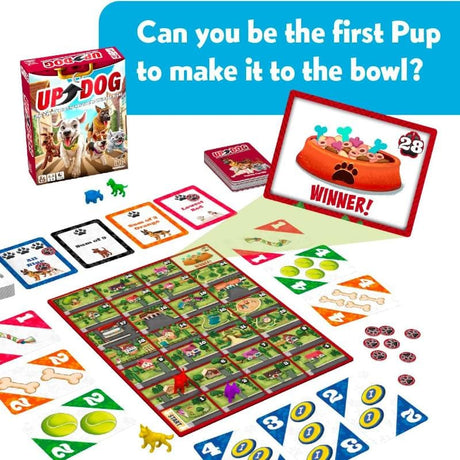 Up Dog card game with colorful cards, game board, and dog pieces for a fun race to the food bowl.