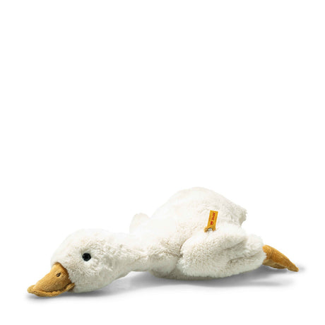 Goose Gilda Large plush toy lying down, soft white feathers, cuddly and weighted for secure sitting.