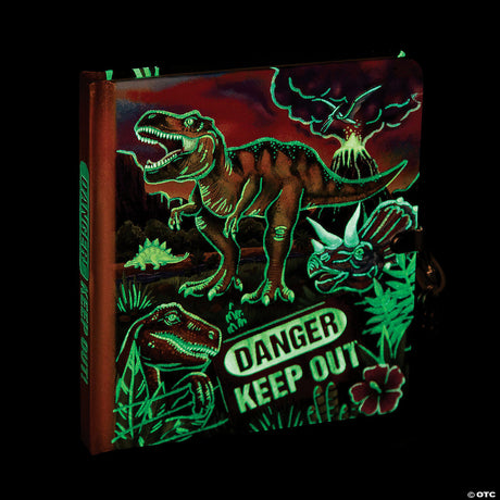 Glow-in-the-Dark Dinosaur Diary with roaring dinos, vibrant cover, and lock for secret journaling in the dark.