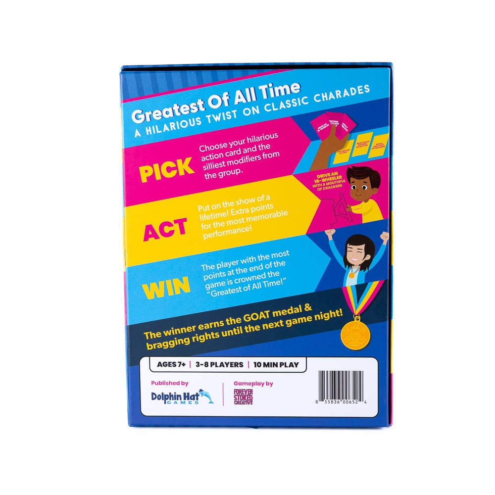 GOAT: Greatest of All Time game box back showing classic charades gameplay instructions