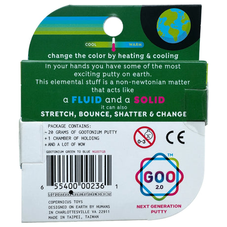 Back of green putty packaging with an Earth illustration colorful stripes safety symbols and descriptive text