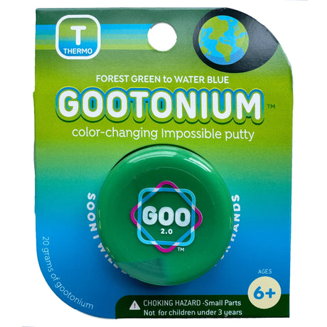 Green putty container in colorful packaging with a color-changing design and age six and up label