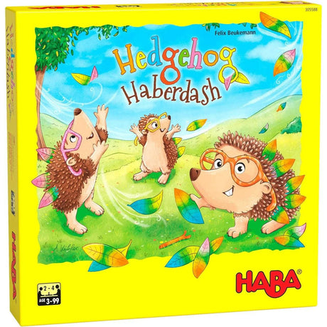 Colorful box of Hedgehog Haberdash game showing playful hedgehogs catching leaves outdoors on a sunny day