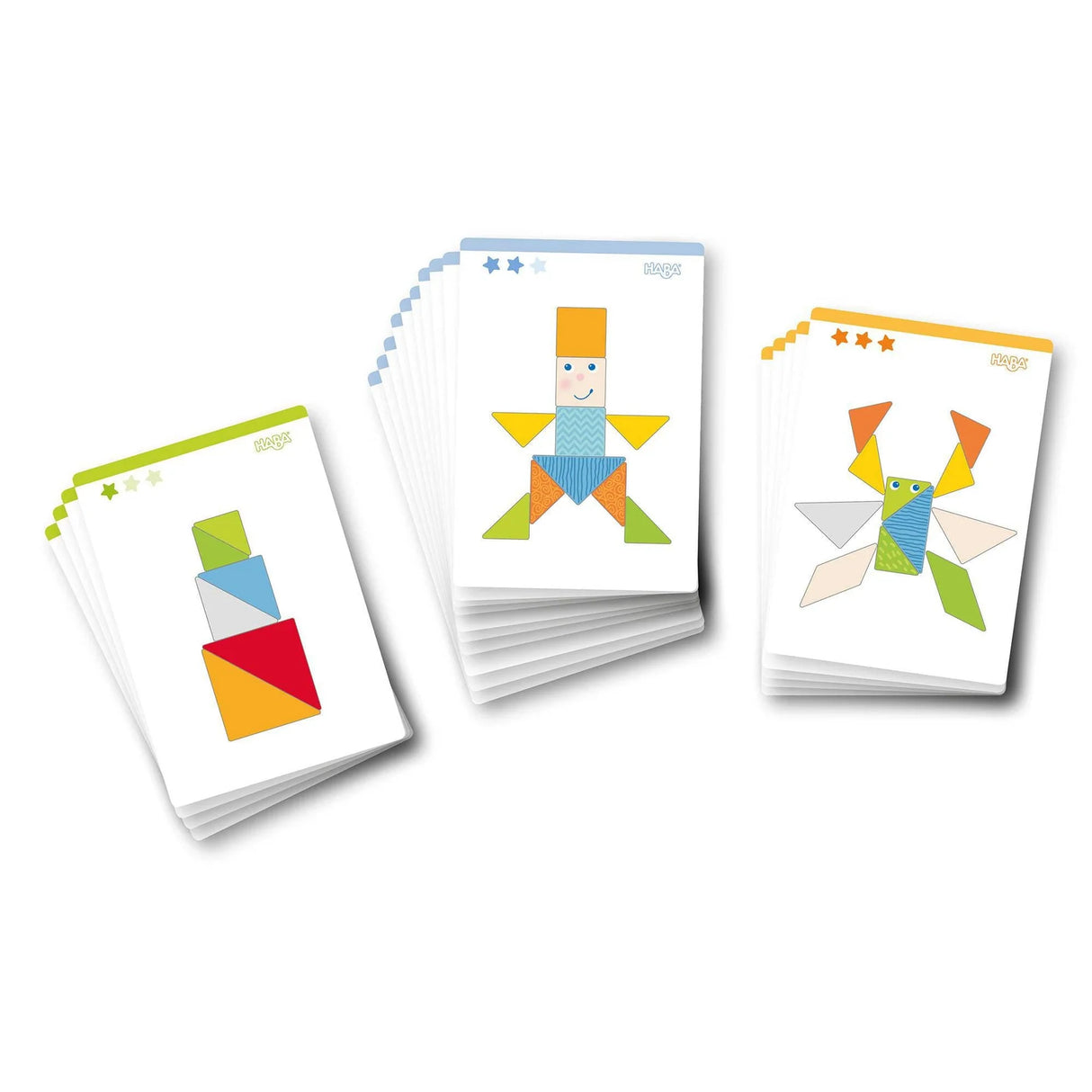 Three stacks of colorful tangram puzzle cards showing playful shapes and faces with varying levels of difficulty.