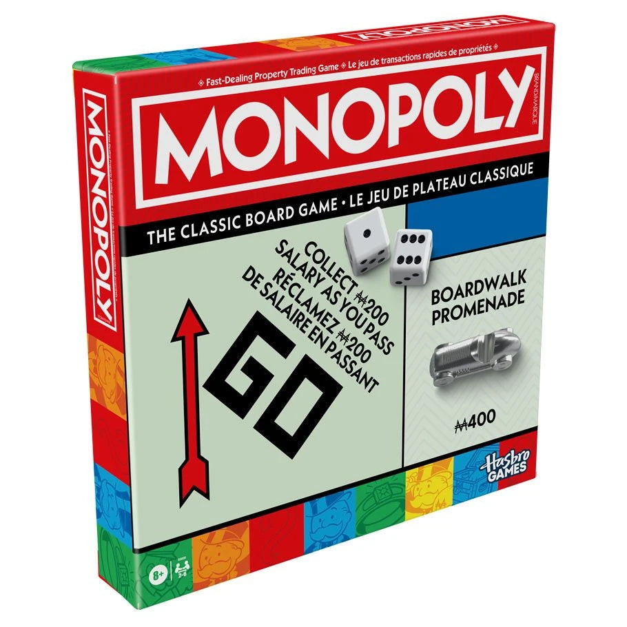Monopoly classic board game box with colorful artwork dice and car playing piece