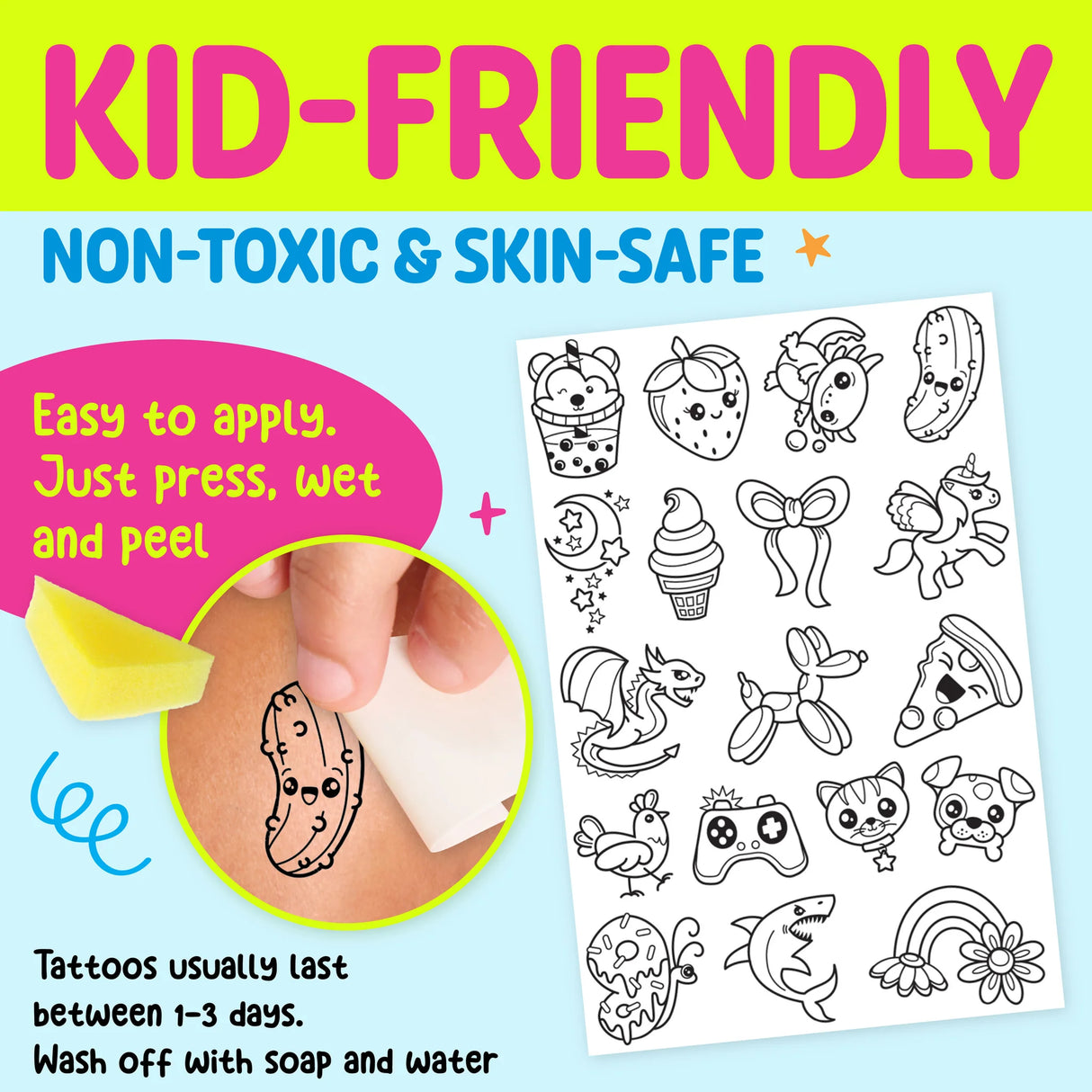 Kid-friendly non-toxic temporary tattoos with easy press, wet, and peel application plus fun black and white designs on sheet.
