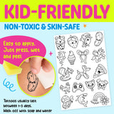 Kid-friendly non-toxic temporary tattoos with easy press, wet, and peel application plus fun black and white designs on sheet.