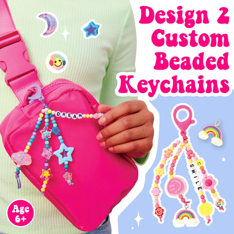 Child holding bright pink bag with colorful custom beaded keychains featuring stars and letters DREAM and SMILE