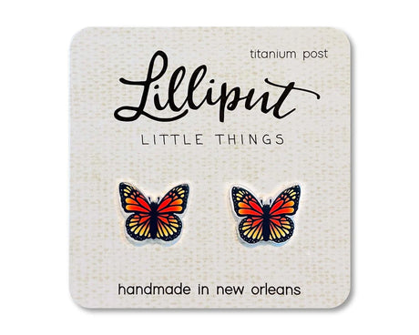 Butterfly Earrings with vibrant Monarch design, titanium posts, hypoallergenic, handmade in New Orleans for sensitive ears.