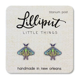 Luna Moth Earrings with detailed colorful moth design on titanium posts, hypoallergenic and handmade in New Orleans.