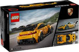Speed Porsche 911 GT3 RS Super Car LEGO toy with rear wing, driver minifigure, and detailed racing features.