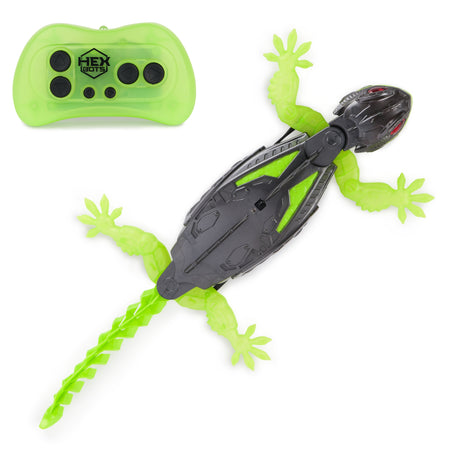 Hex Bots Wall Crawler Gecko remote-controlled robotic toy lizard with green limbs and glowing eyes.