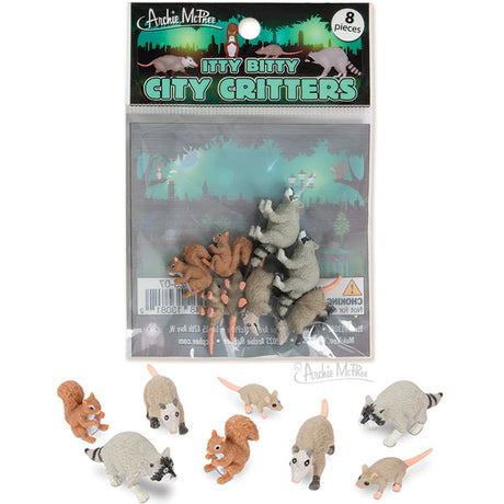 Set of soft vinyl miniature city animals including raccoons, squirrels, and mice in playful poses for collectors or decoration