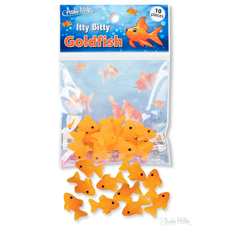 Pack of ten small soft vinyl bright orange goldfish toys with black eyes in clear packaging and a blue header card