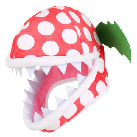 Piranha Plant Jawesome Hat with red and white polka dots, sharp felt teeth, and green felt leaves for a fun look.
