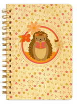 Wood Notebook | Reading Hedgehog with a cute hedgehog reading surrounded by pink and orange flowers on birch wood cover.