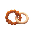 Two linked baby teething rings, one wooden and one orange silicone with rounded and faceted beads